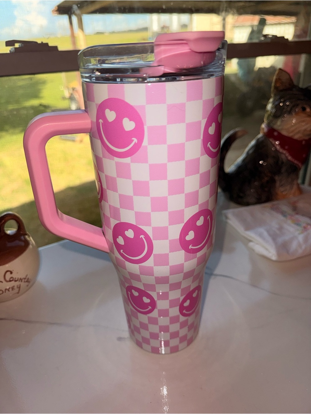 Hobby Lobby Pink Checkerboard Smile Face Travel Tumbler with Handle